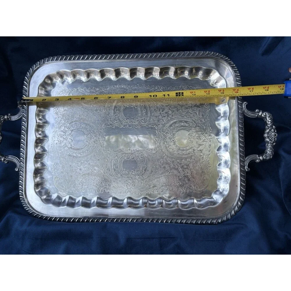 Vintage F.B. Rogers Silver Co 1460 Silver on Copper Serving Tray wOrnate Handles